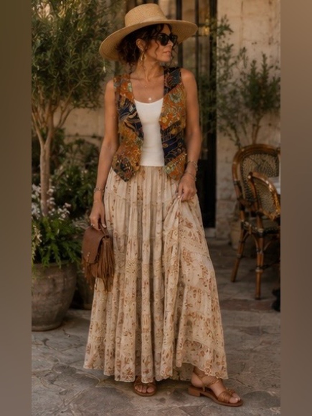 Charity Hand Beaded Boho Batik Fringe Vest | Size L